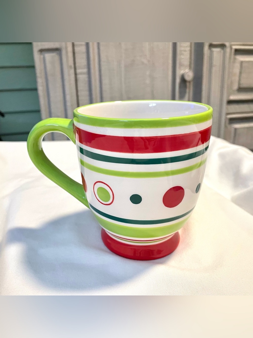 Crate & Barrel Christmas Coffee/Tea Mug/Cup-Red/Green Dots & Stripes - Retired